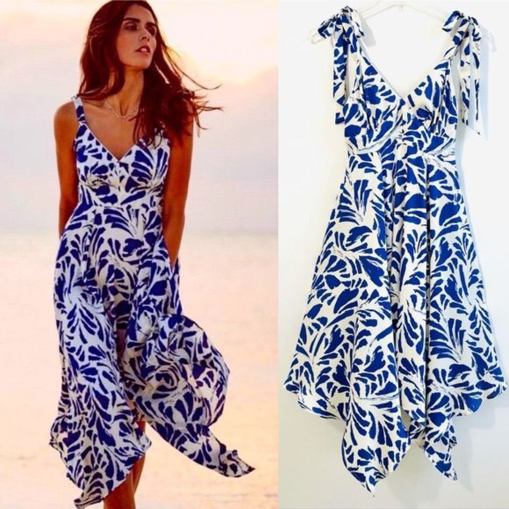 Alexis Womans Dress Small Blue Satin Floral Print Asymmetrical Hem Swing New
